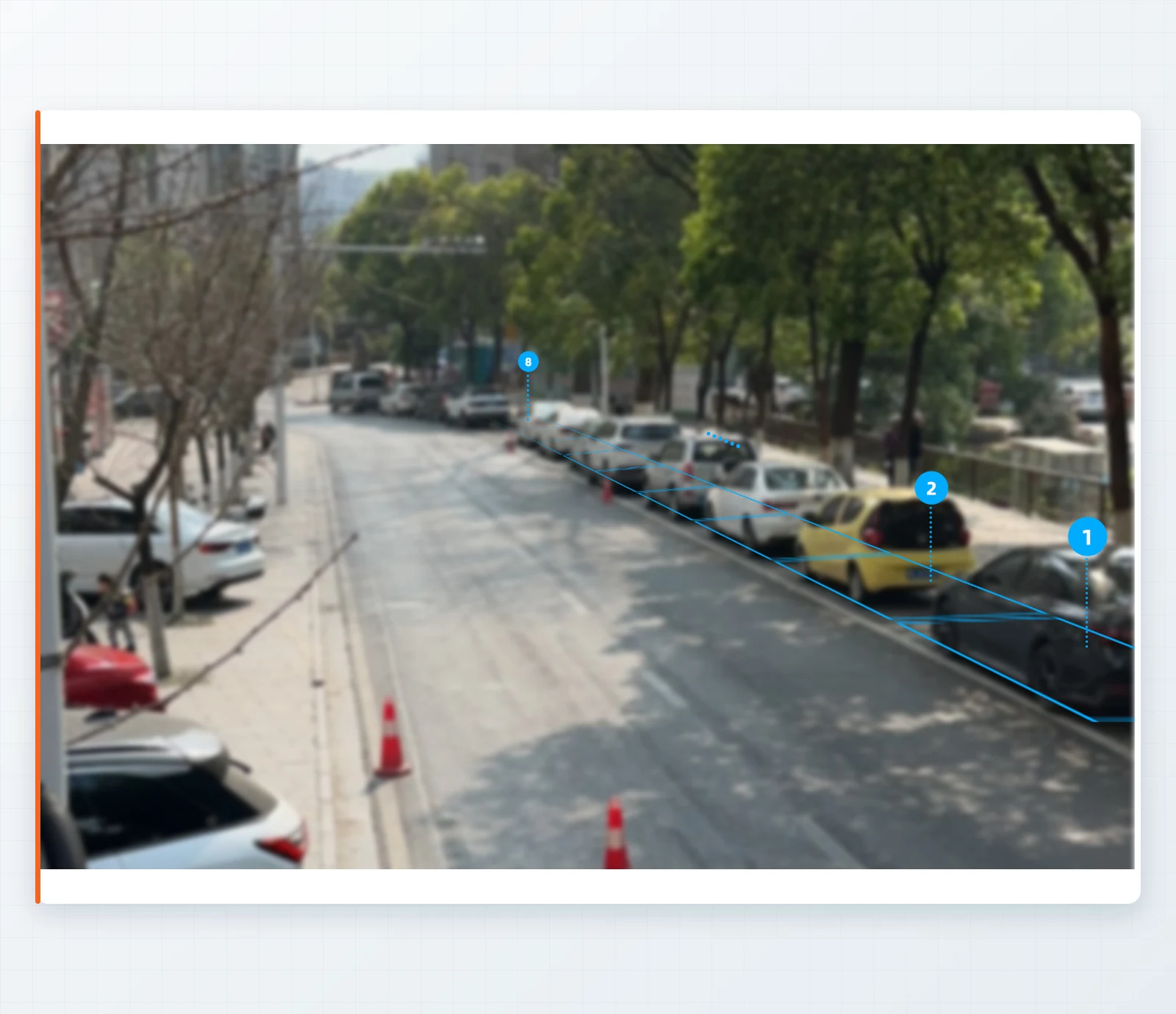 BCS01-V4012真实道路场景中1至8号泊位的双目协同覆盖示意