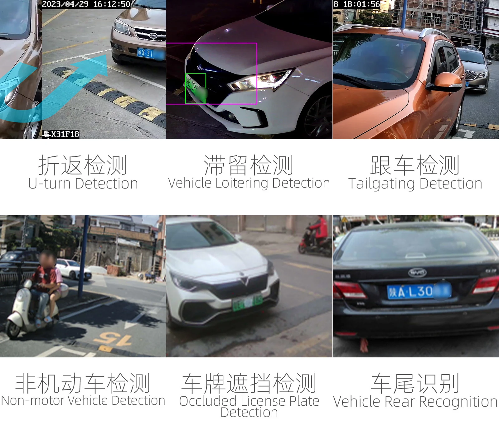 折返、滞留、跟车、非机动车、车牌遮挡与车尾识别六项AI检测